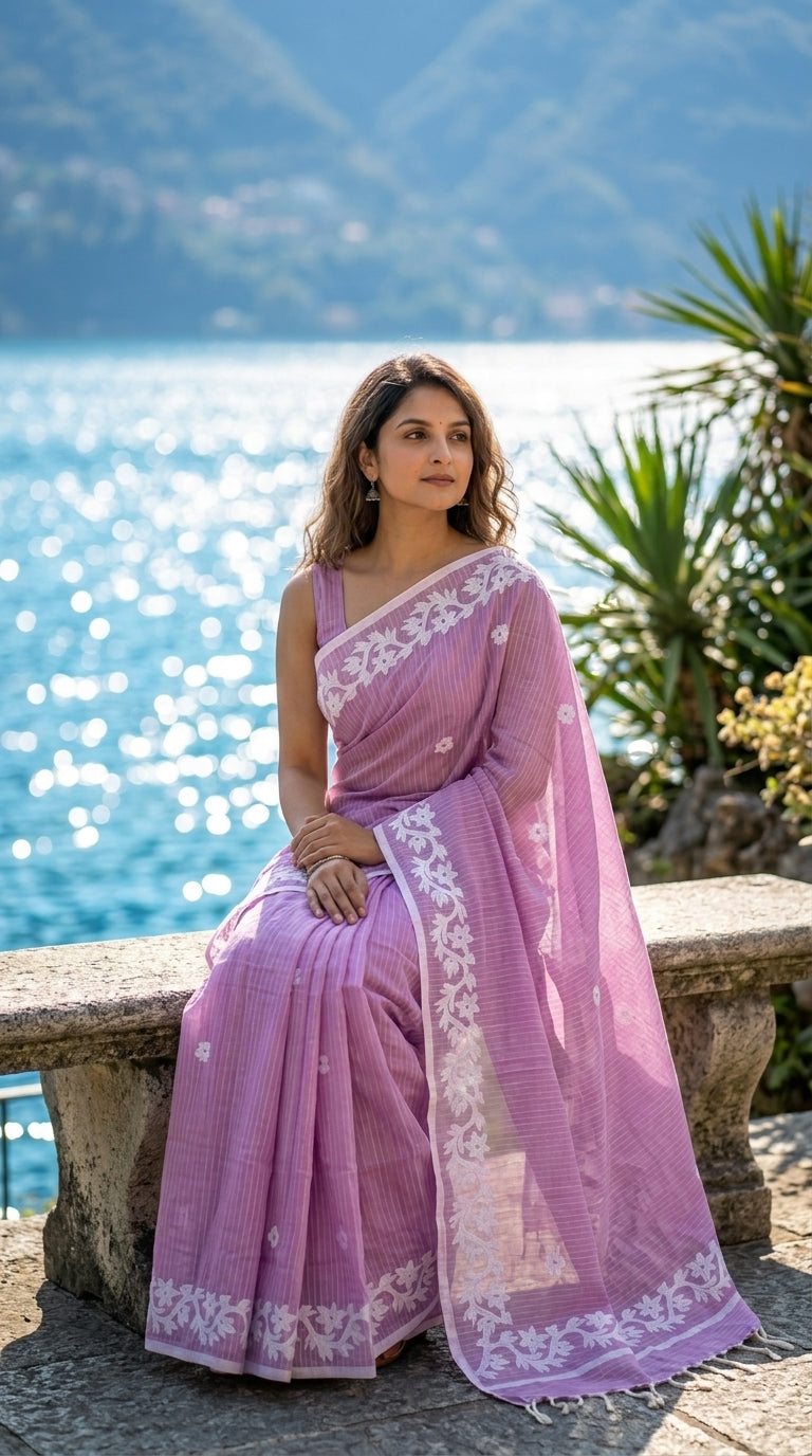 Lilac Cotton Saree with Applique Border