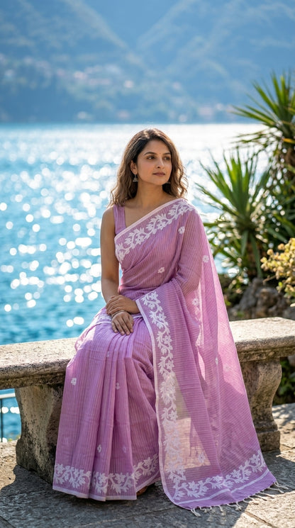 Lilac Cotton Saree with Applique Border