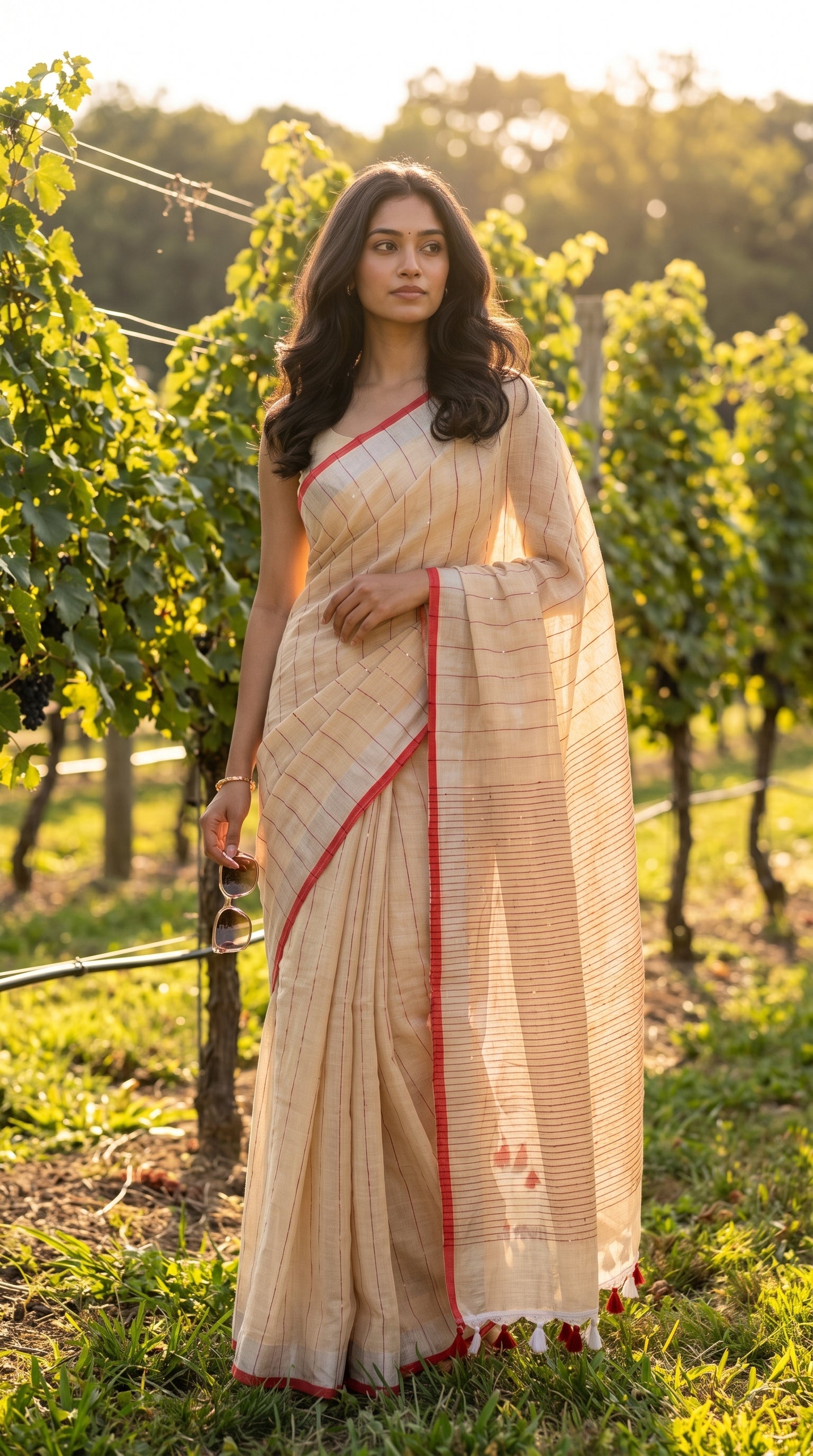 Full-length image of a woman holding sunglasses while standing between rows of lush green grapevines in an afternoon vineyard, showcasing the soft organic texture and graceful fall of a beige khadi linen saree