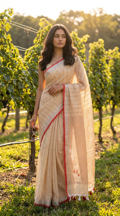 Full-length image of a woman holding sunglasses while standing between rows of lush green grapevines in an afternoon vineyard, showcasing the soft organic texture and graceful fall of a beige khadi linen saree