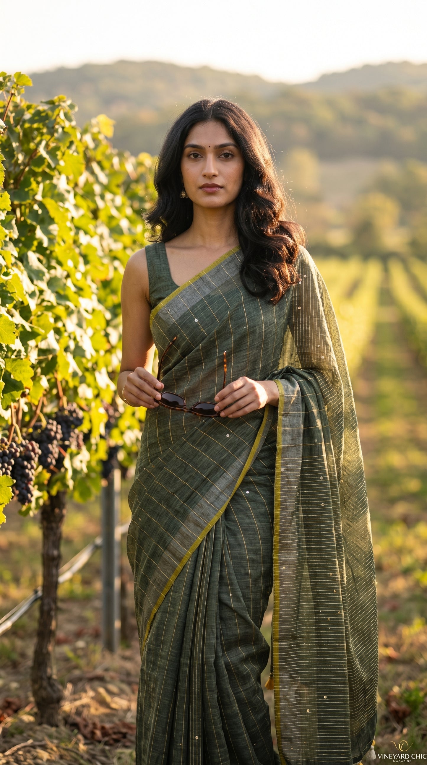 A model holding sunglasses while standing in a sunlit afternoon vineyard, showcasing the straight silhouette, subtle micro-sequin sparkle, and contrast yellow trim of an olive green khadi cotton linen saree