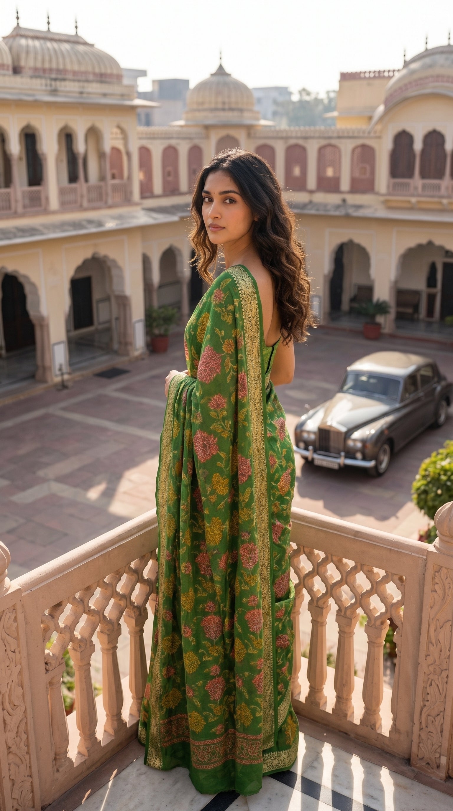 An over-the-shoulder look of a woman standing on a palace balcony terrace overlooking a vintage car in the courtyard below, highlighting the elegant fall and all-over floral print of her green saree