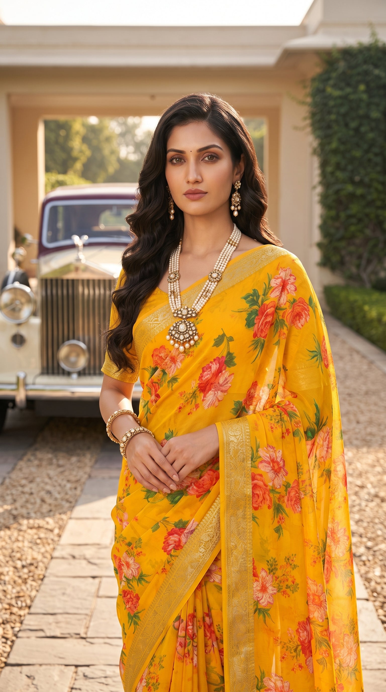 Full-length portrait of a woman wearing a heavy layered traditional statement necklace standing next to a classic cream-colored vintage Rolls-Royce, highlighting the festive luxury and premium sheen of her yellow chinon saree