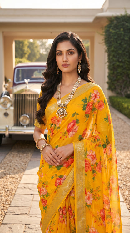 Full-length portrait of a woman wearing a heavy layered traditional statement necklace standing next to a classic cream-colored vintage Rolls-Royce, highlighting the festive luxury and premium sheen of her yellow chinon saree