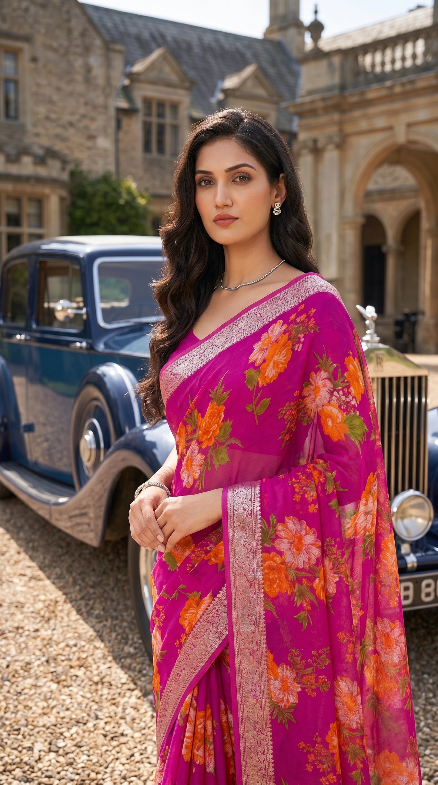 Full-length portrait of a woman standing on a gravel driveway next to a classic blue vintage Rolls-Royce, showcasing the elegant straight silhouette and glistening woven borders of her magenta saree