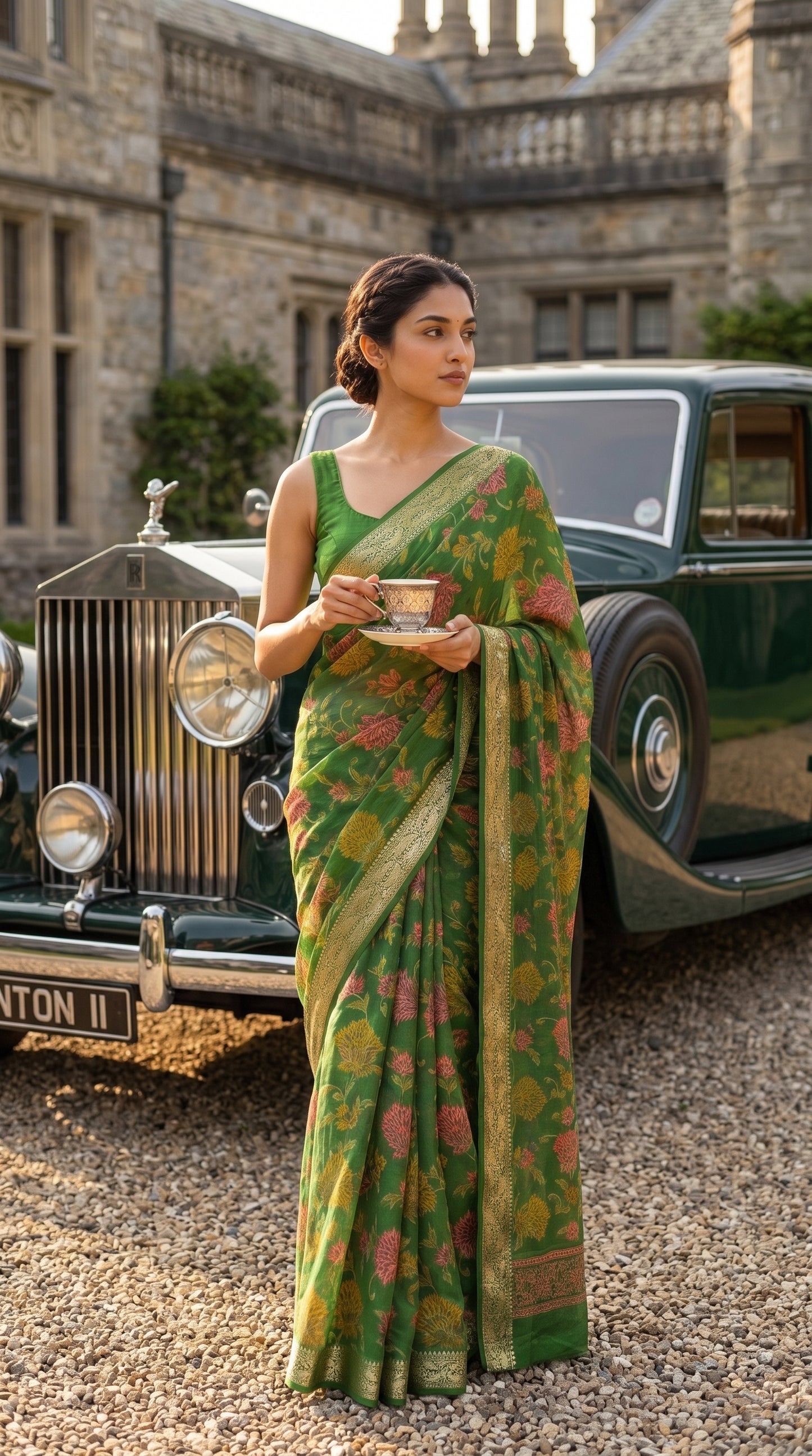 A portrait of a woman holding a teacup and saucer while standing in front of a vintage green Rolls-Royce, showcasing the fluid drape, mehndi green base, and woven gold borders of her chinon saree