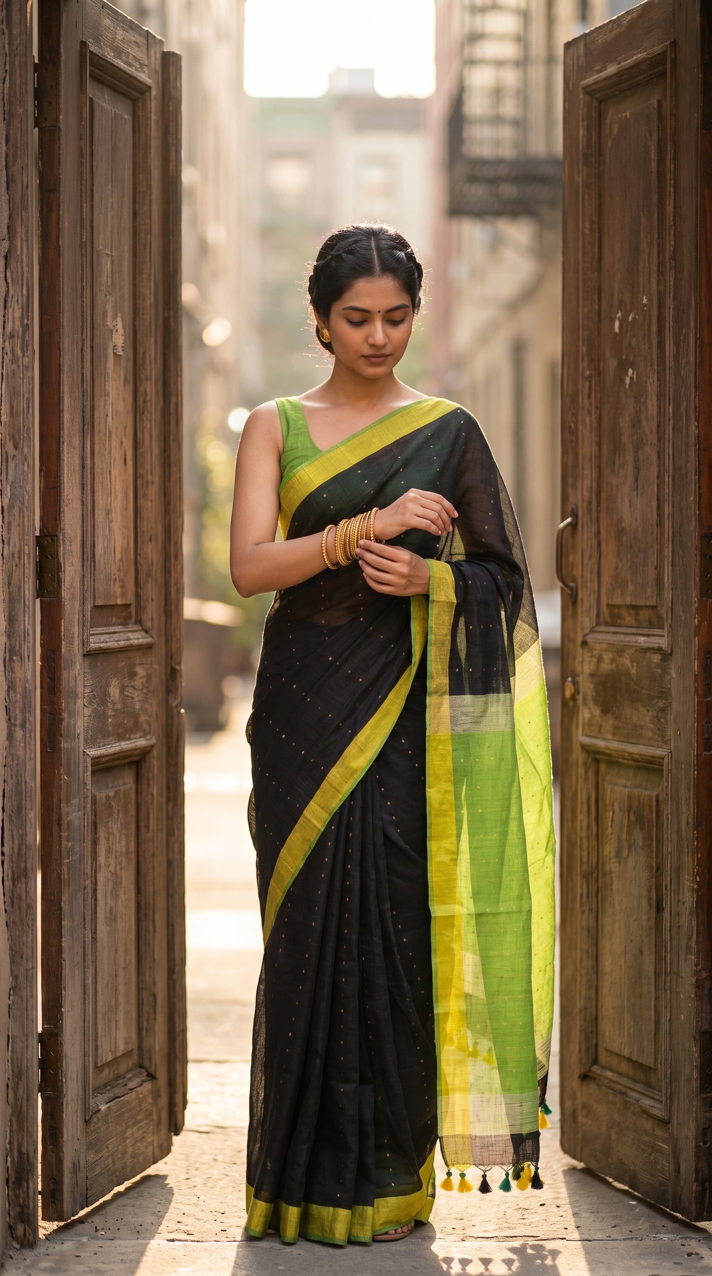 Full-length portrait of a woman standing in an open vintage wooden doorway adjusting her gold bangles, displaying the straight silhouette and gold borders of a black sequined linen saree