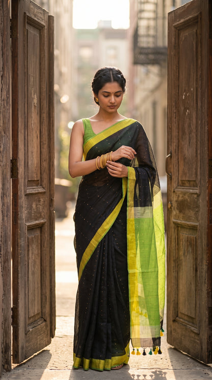 Full-length portrait of a woman standing in an open vintage wooden doorway adjusting her gold bangles, displaying the straight silhouette and gold borders of a black sequined linen saree