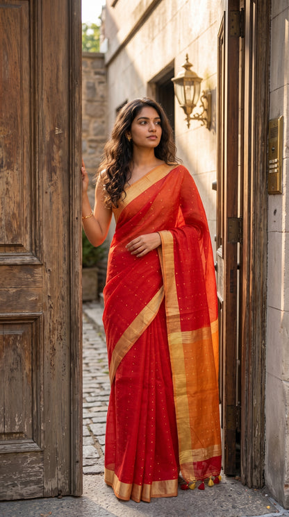 Full-length image of a woman posing at an old wooden door frame on a cobblestone path, highlighting the elegant silhouette of her red linen saree with sequin work
