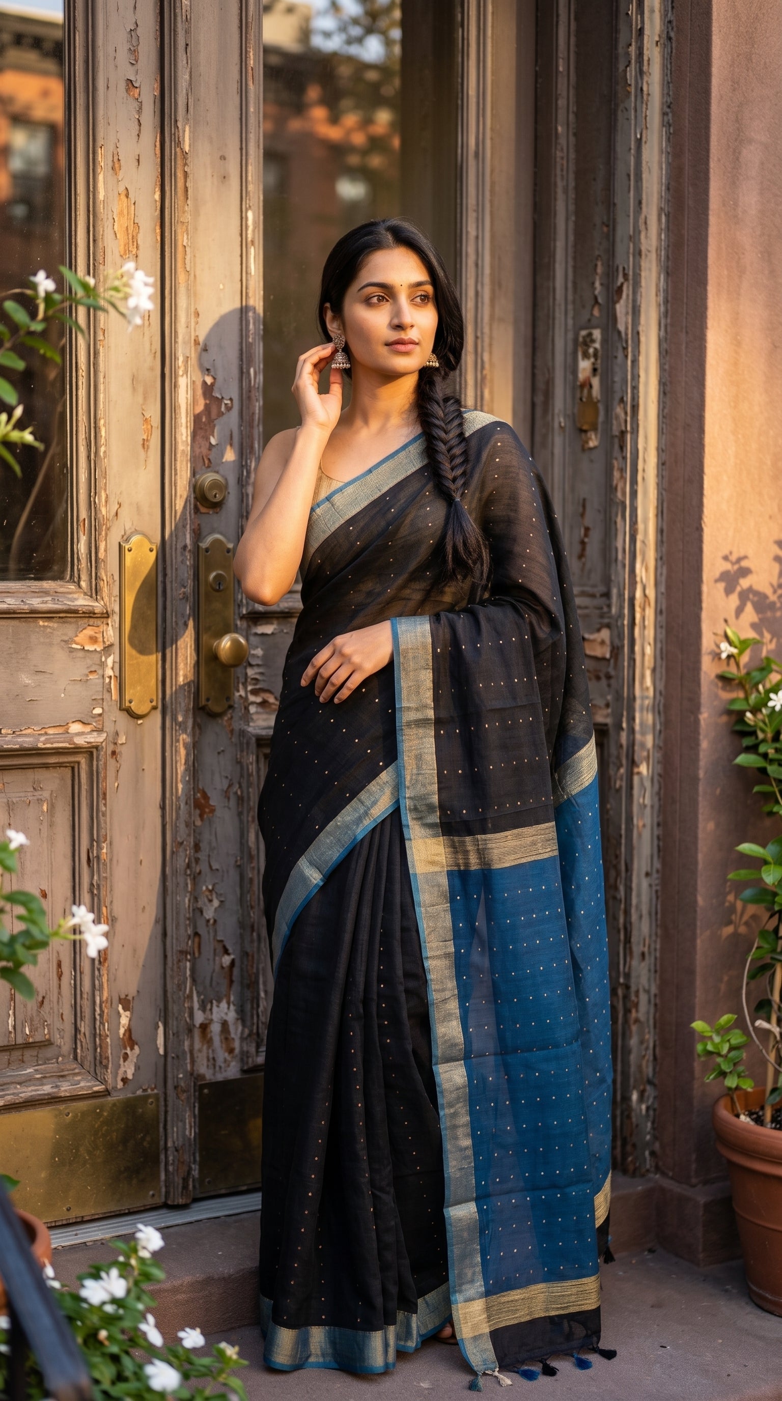 A woman standing in front of a rustic weathered wooden door, touching her gold earring while showcasing the neat gold borders of a black and blue linen saree