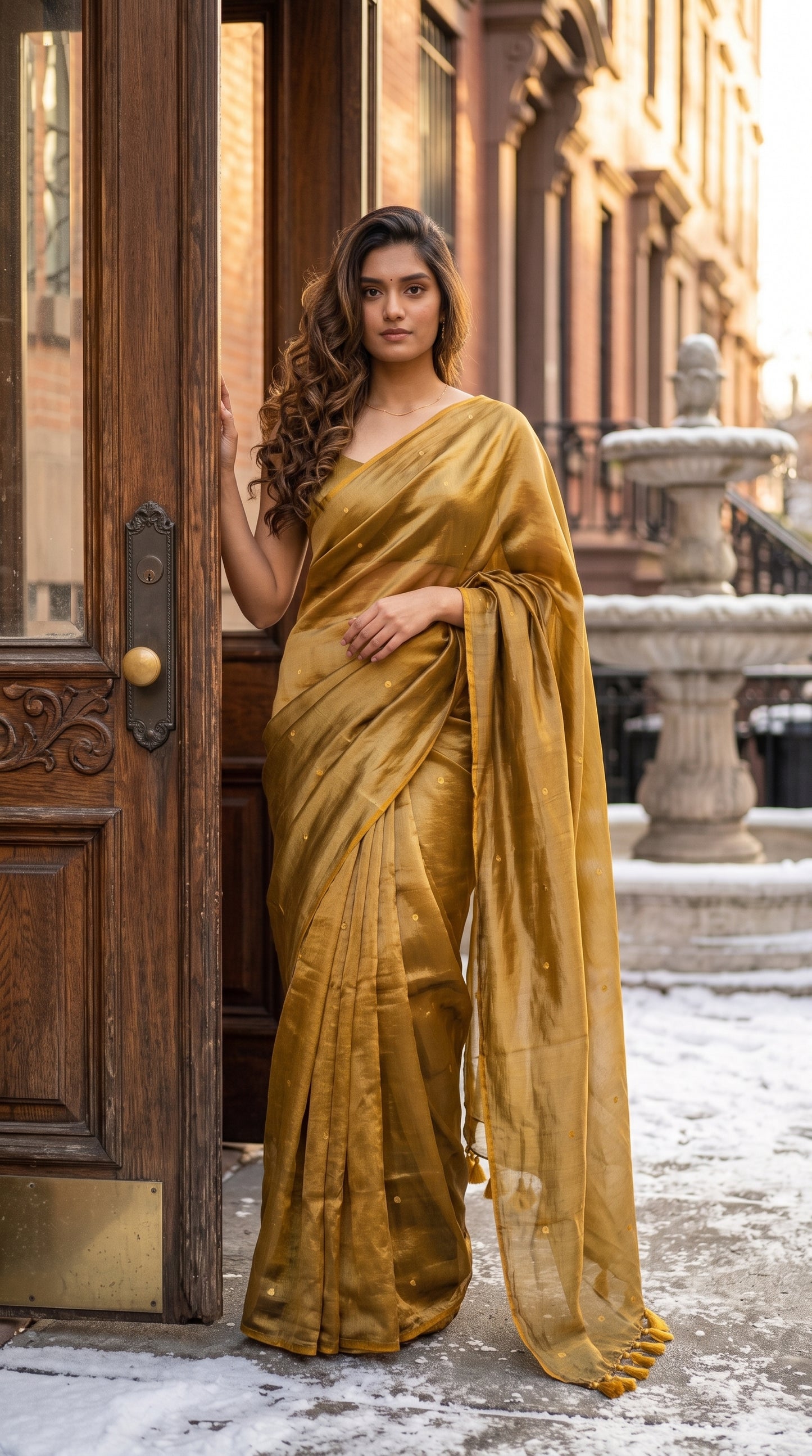 Full-length portrait of a woman standing at a classic dark wood doorway with snow on the ground, showcasing the fluid fall and metallic gold tint of her tissue saree