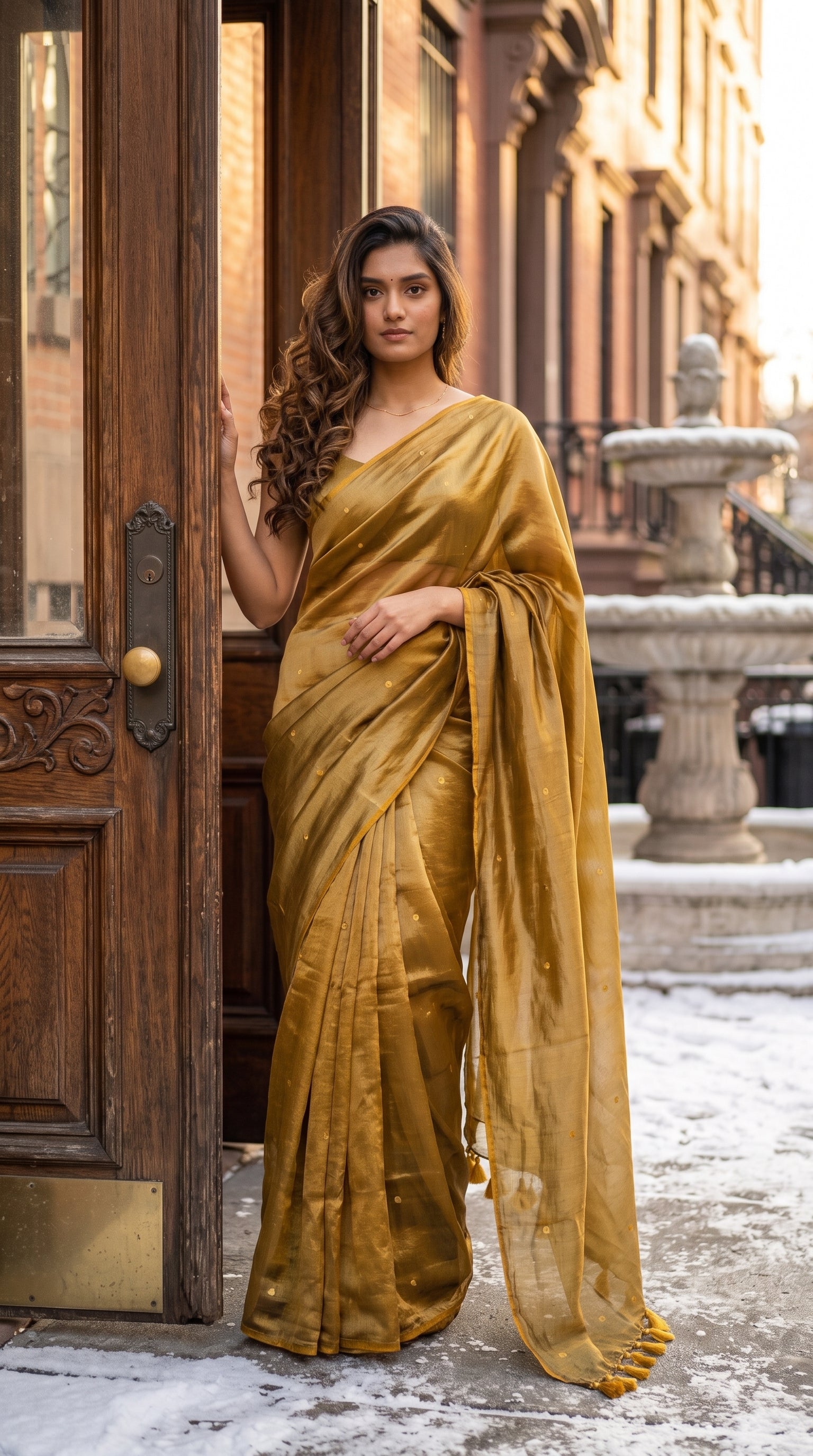 Full-length portrait of a woman standing at a classic dark wood doorway with snow on the ground, showcasing the fluid fall and metallic gold tint of her tissue saree