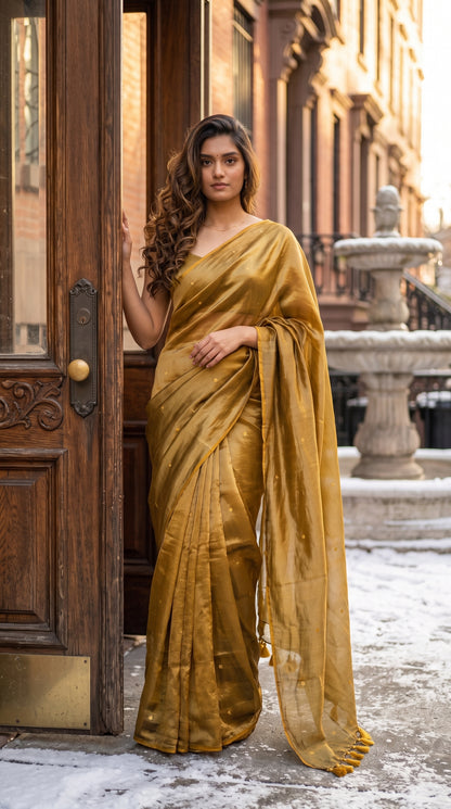 Full-length portrait of a woman standing at a classic dark wood doorway with snow on the ground, showcasing the fluid fall and metallic gold tint of her tissue saree