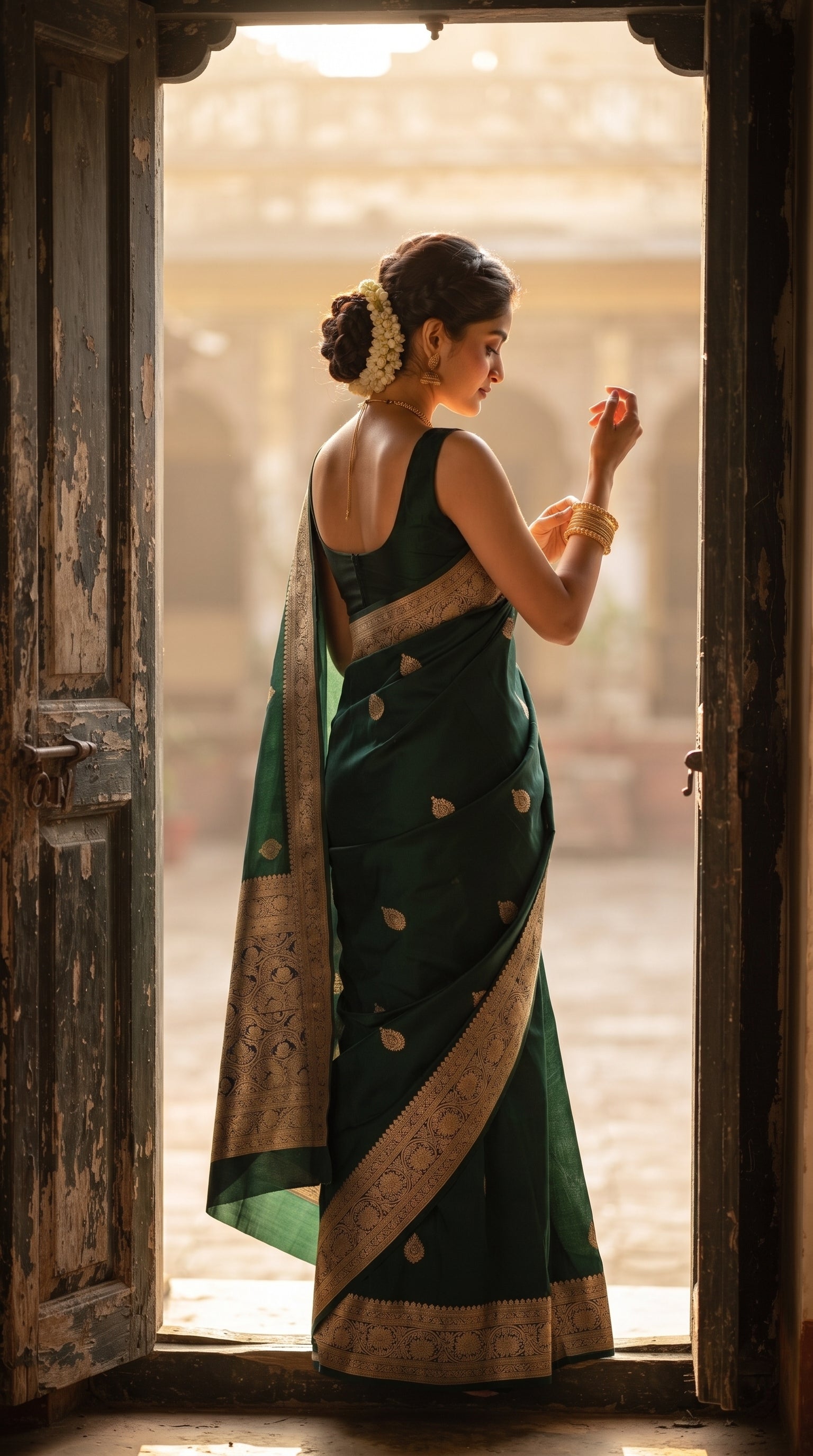 A side portrait of a woman standing within a rustic wooden doorway and adjusting her golden bangles, showing the contrast of the detailed gold zari borders against the bottle green fabric