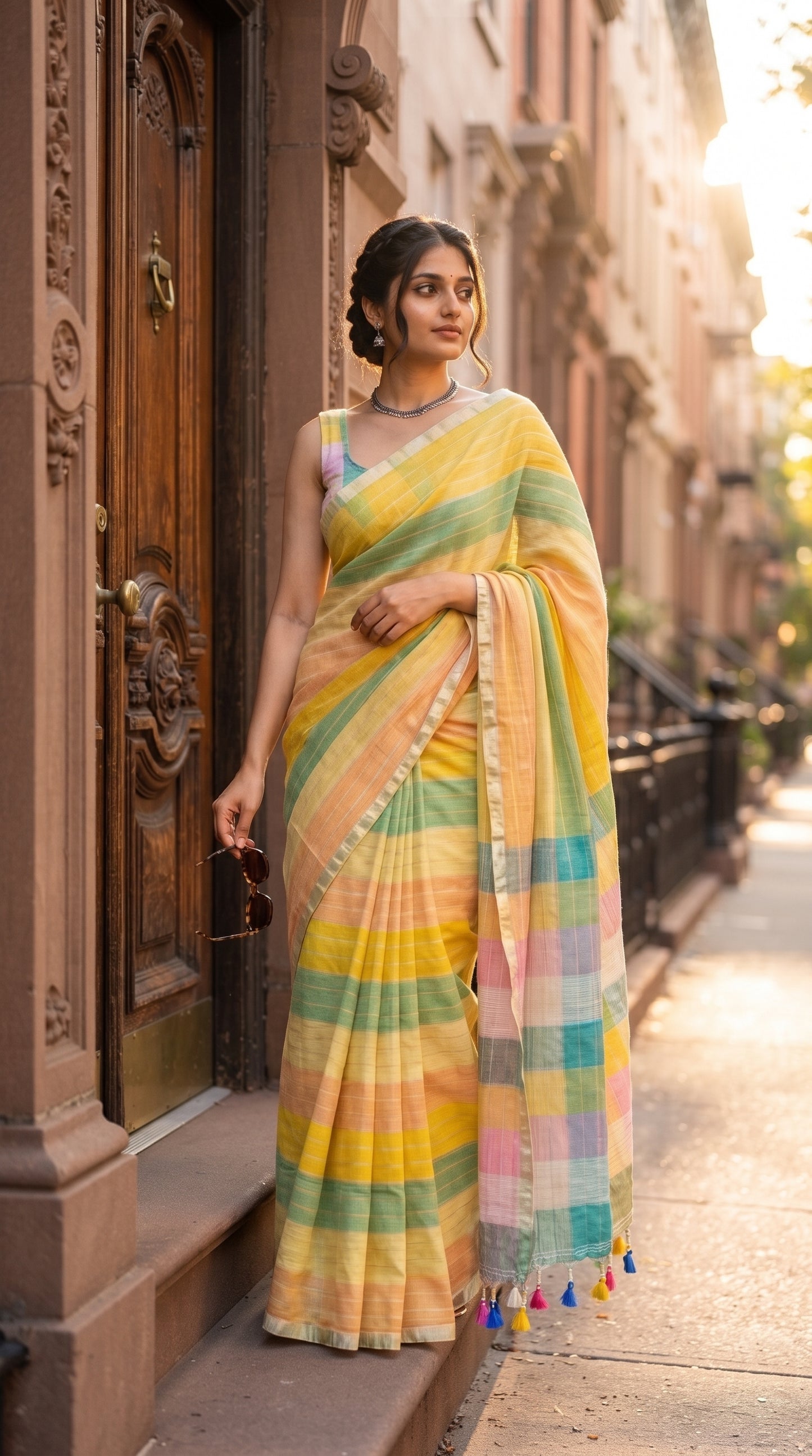 A young woman standing on a city brownstone step by a vintage wooden door during sunrise, holding sunglasses and elegantly showcasing the yellow and mint green stripes of her linen saree