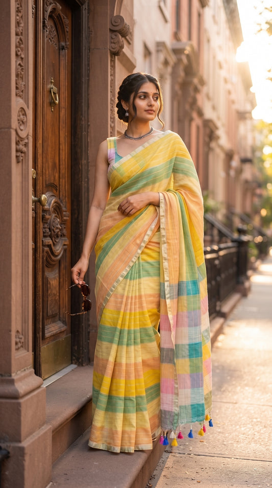 A young woman standing on a city brownstone step by a vintage wooden door during sunrise, holding sunglasses and elegantly showcasing the yellow and mint green stripes of her linen saree