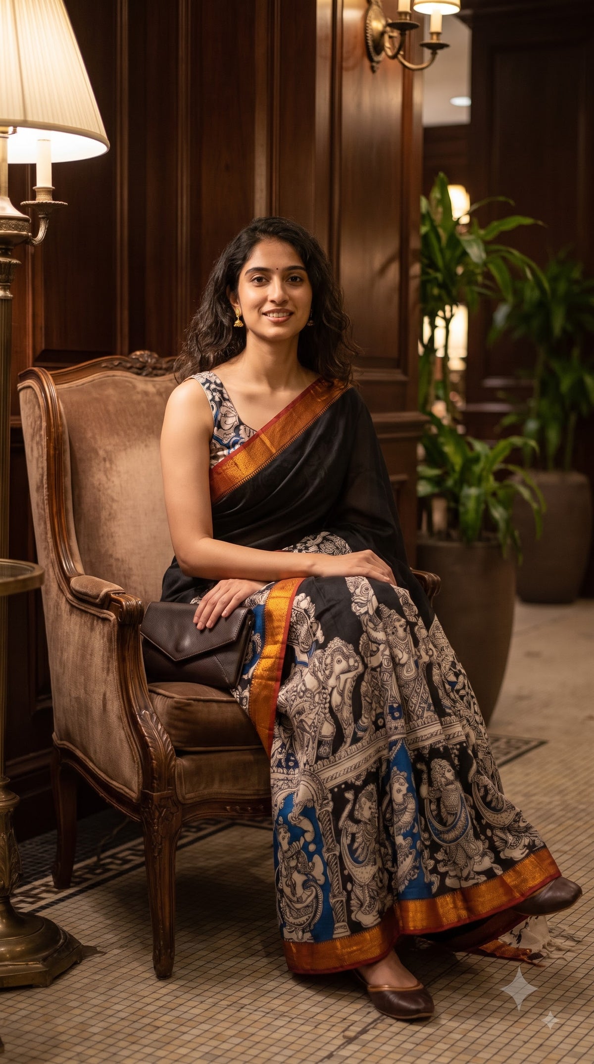 Figure Motif Kalamkari Silk Saree with Border - Black with Red