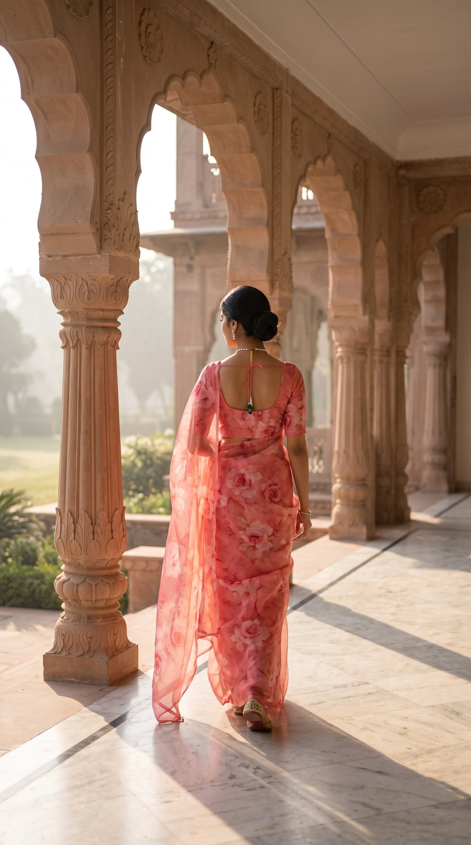 Back view of a woman walking down a sunlit veranda lined with palace columns, highlighting the sophisticated low-back blouse pattern and cascading peach floral chiffon pallu