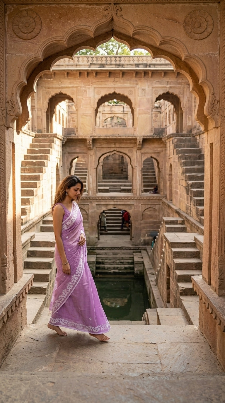 Lilac Cotton Saree with Applique Border