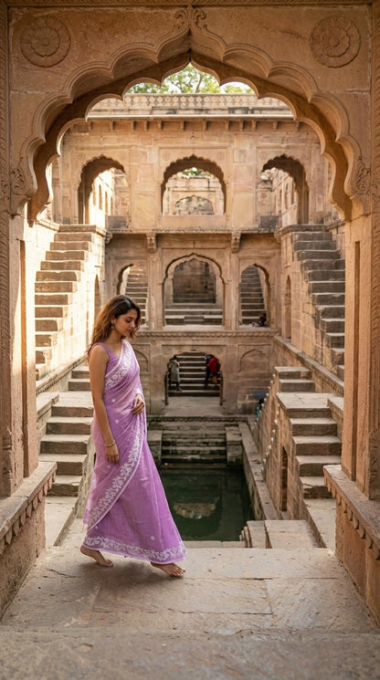 Lilac Cotton Saree with Applique Border