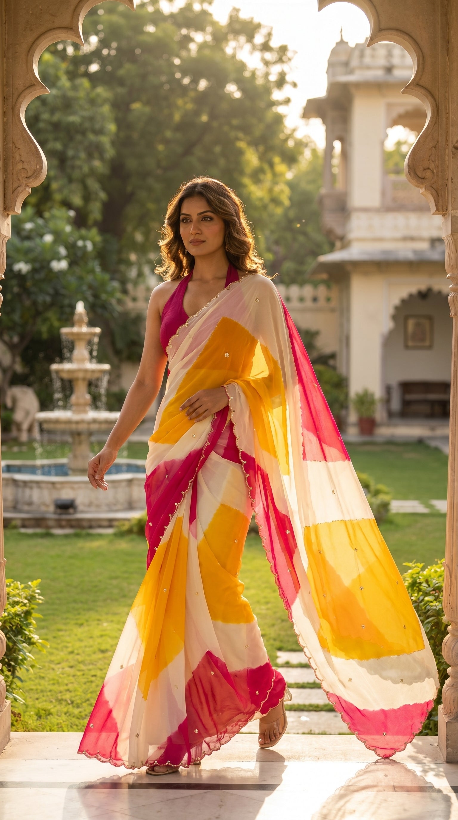 Full-length image of a model walking through a heritage archway, displaying the fluid, sun-kissed drape of a fuchsia and yellow abstract chiffon saree