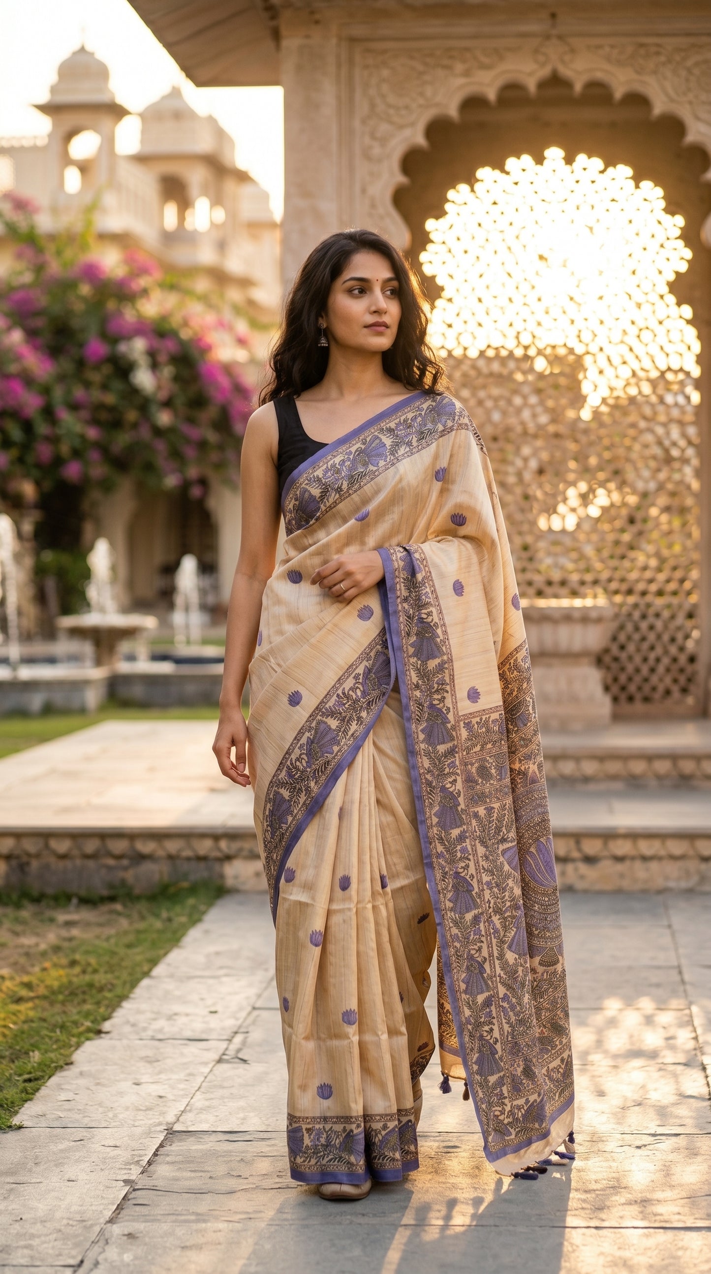 Full-length image of a woman walking through a sunlit courtyard pavilion, showcasing the structured drape of a beige and purple Madhubani Tussar silk saree