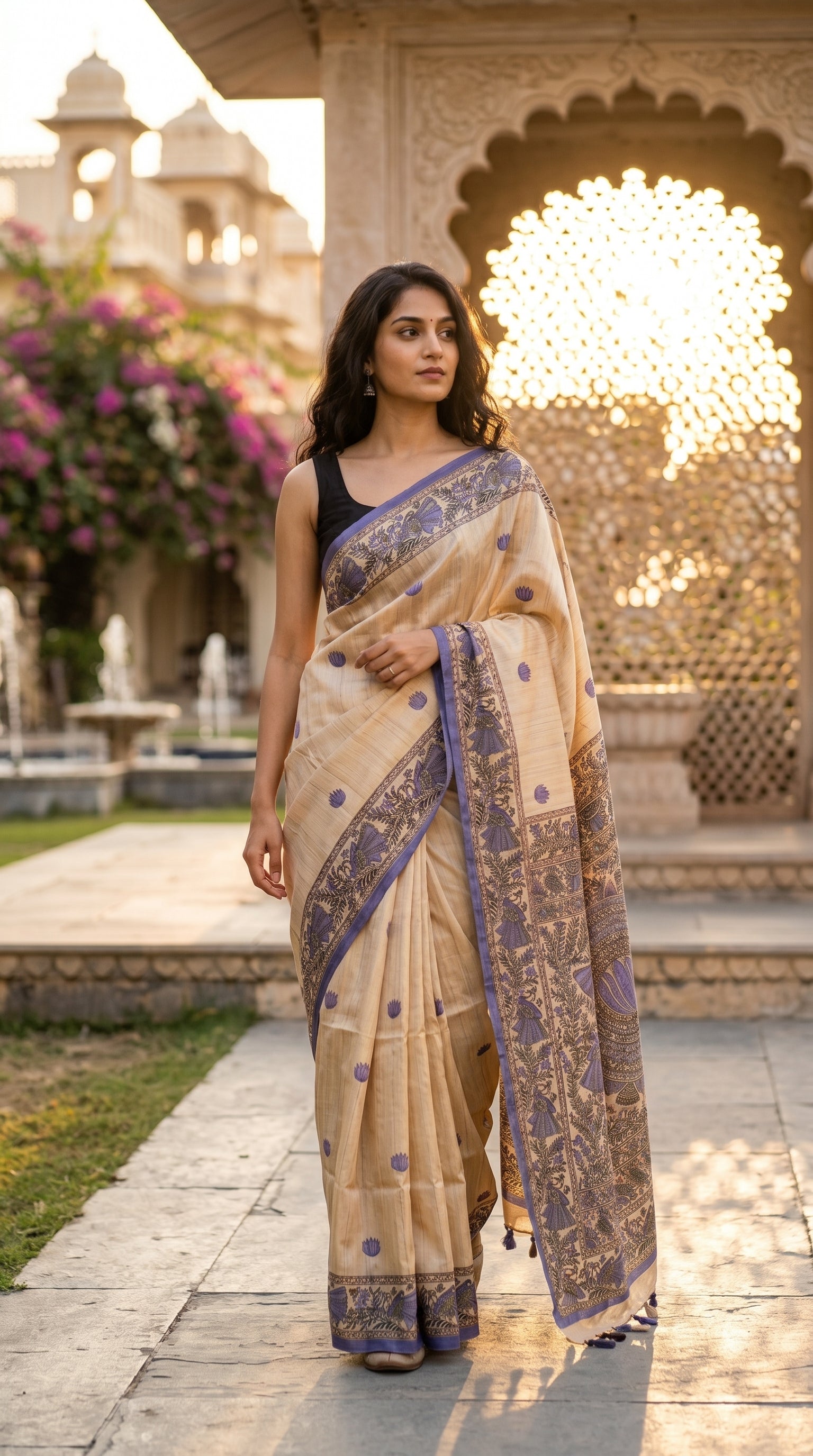 Full-length image of a woman walking through a sunlit courtyard pavilion, showcasing the structured drape of a beige and purple Madhubani Tussar silk saree