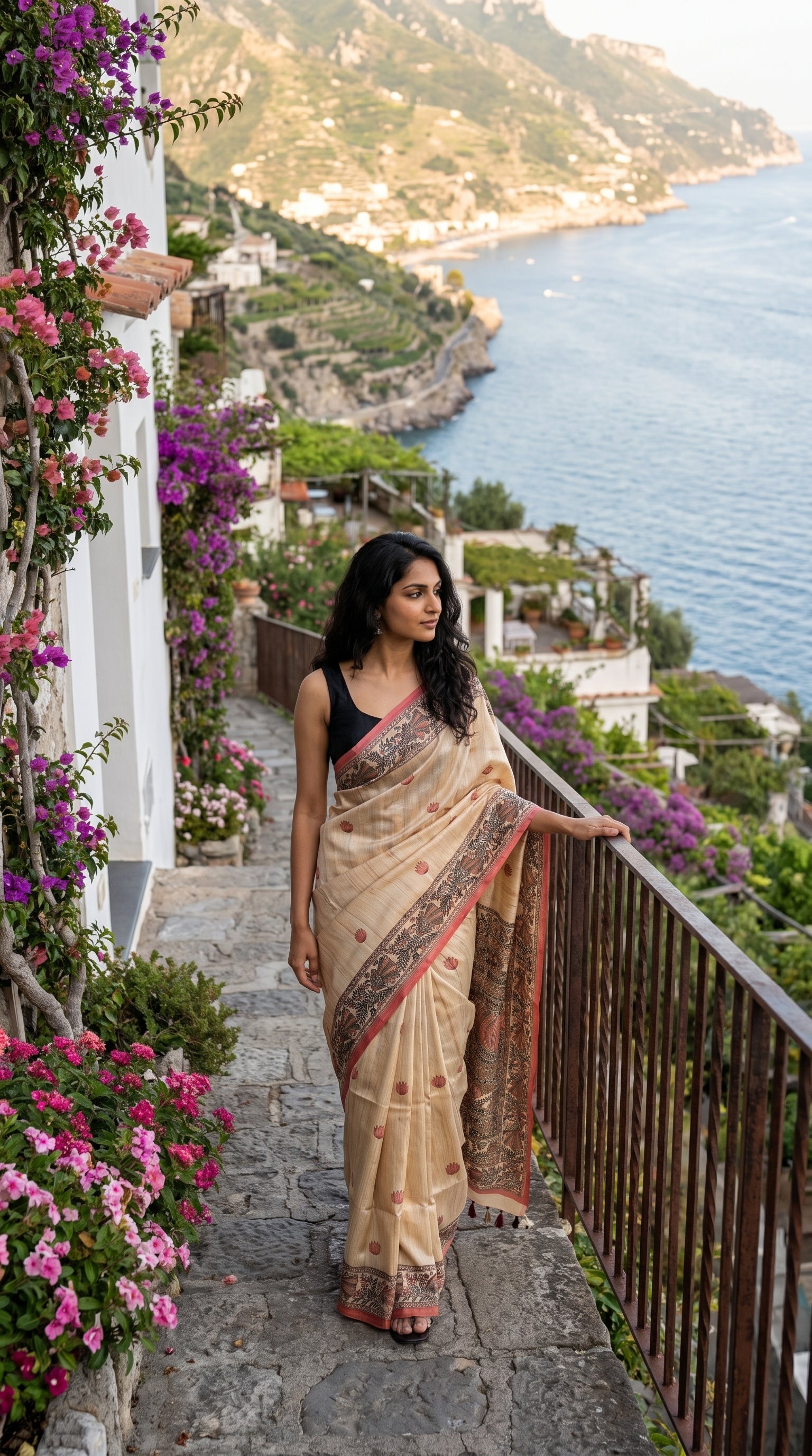 A woman walking along a scenic cliffside path bordered by bougainvillea, highlighting the elegant drape and light-red borders of her Madhubani silk saree