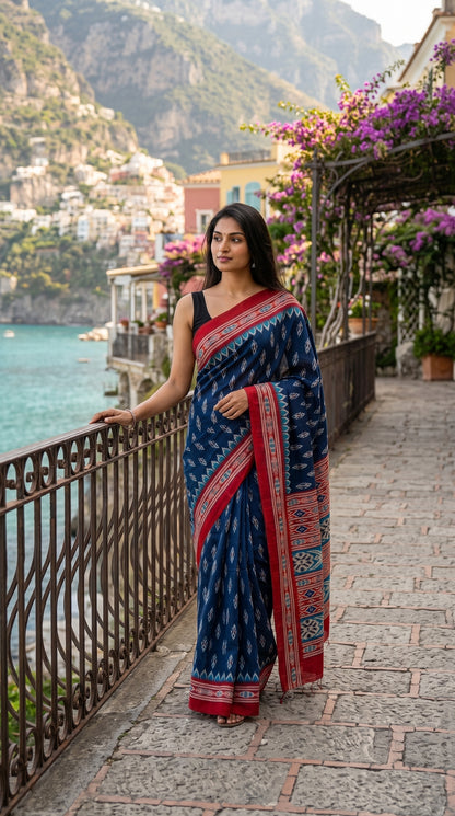 Model posing by an oceanfront villa terrace railing, highlighting the smooth texture and vivid geometric patterns of a blue blended silk Ikat saree
