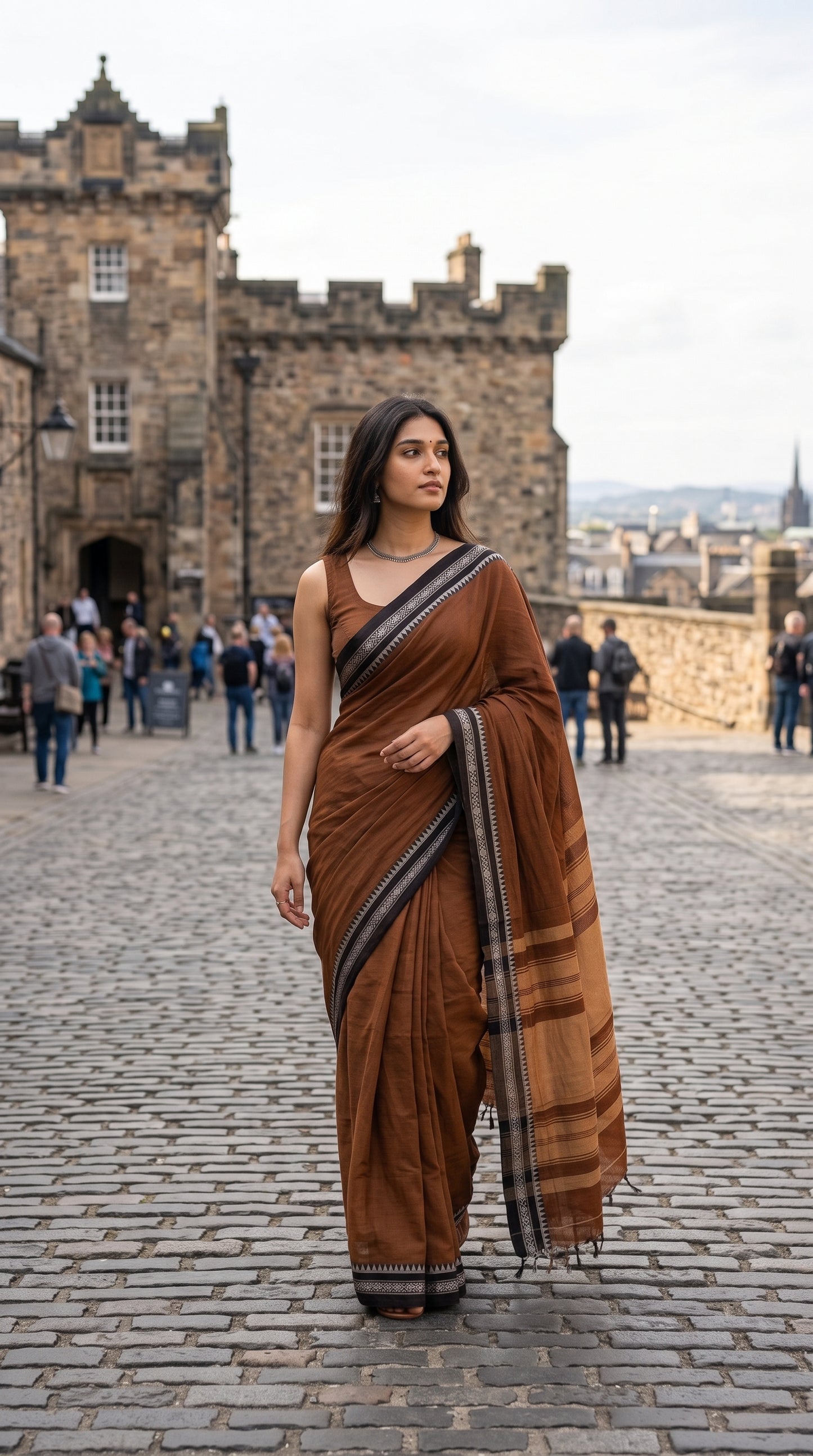 A model walking down a cobblestone castle courtyard, highlighting the fluid movement and lightweight texture of a brown mul cotton saree