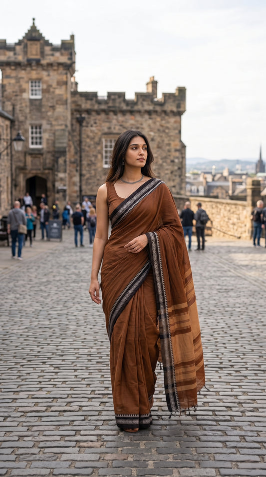 A model walking down a cobblestone castle courtyard, highlighting the fluid movement and lightweight texture of a brown mul cotton saree