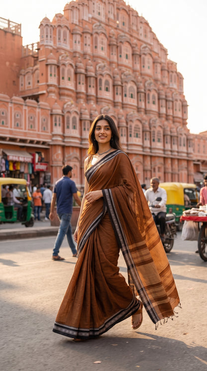 A woman walking gracefully past the historic Hawa Mahal street, showcasing a casual daytime styling of an earth brown cotton saree with a black border