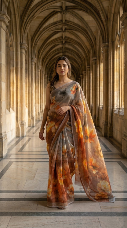 An over-the-shoulder look of a model walking through a grand stone corridor, showcasing the fluid, translucent drape of a cocoa brown floral chiffon saree