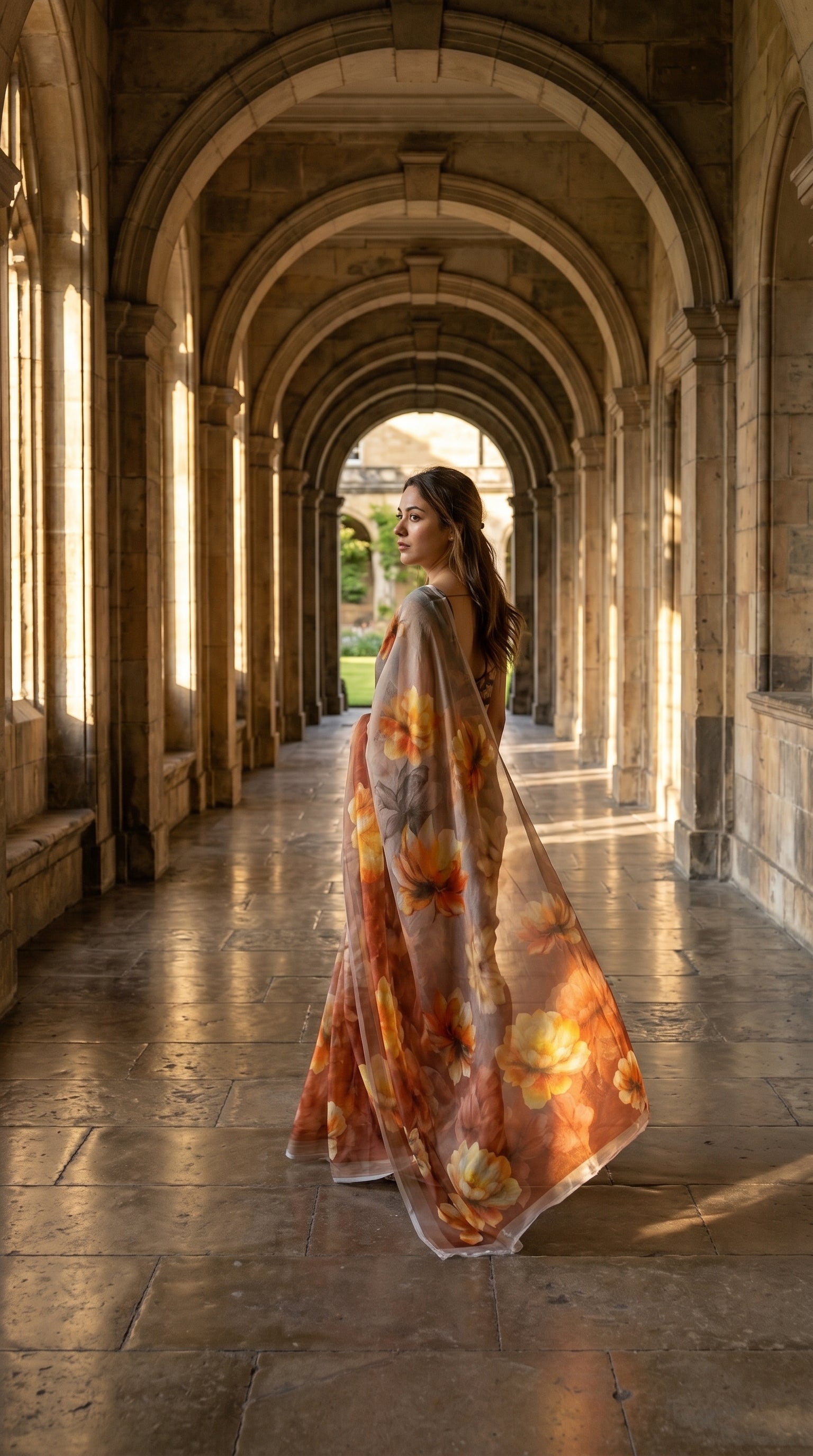 An over-the-shoulder look of a model walking through a grand stone corridor, showcasing the fluid, translucent drape of a cocoa brown floral chiffon saree