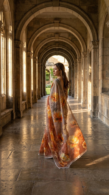 An over-the-shoulder look of a model walking through a grand stone corridor, showcasing the fluid, translucent drape of a cocoa brown floral chiffon saree