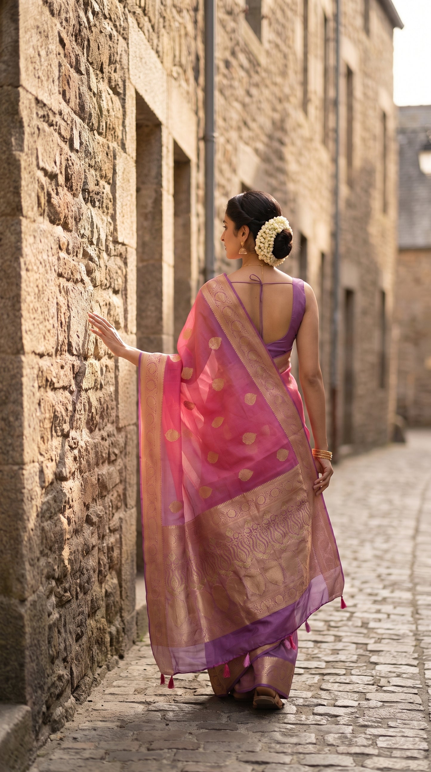 A rear-view portrait of a woman walking along a historic cobblestone lane at Mont Saint-Michel, displaying the flowing purple zari pallu with hand-tied tassels trailing behind her pink pure Kora silk saree
