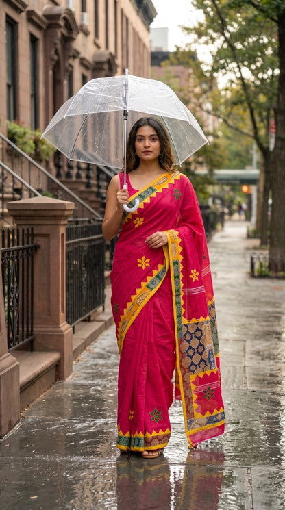 Model walking down a rainy city sidewalk under a clear umbrella, showcasing the effortless movement and lightweight texture of a magenta cotton linen Kota Kali saree