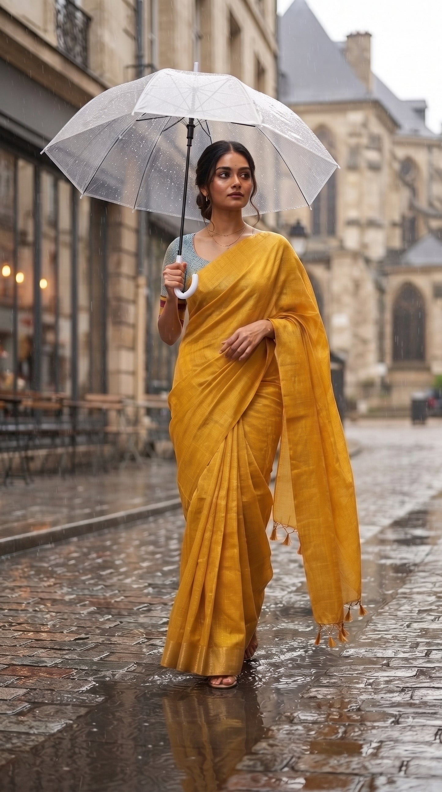 A full-length front view of a woman walking down a rain-washed cobblestone city street holding a clear umbrella, displaying the fluid movement and fine hand-tied tassels of her bright yellow tissue cotton saree