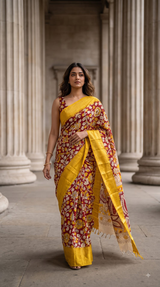 Kanchi Border Kalamkari Silk Saree - Red with Yellow