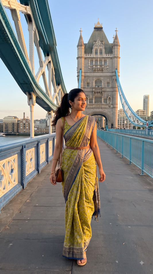 Maheshwari Silk Saree with Sanganery Handblock Print - Yellow with Blue