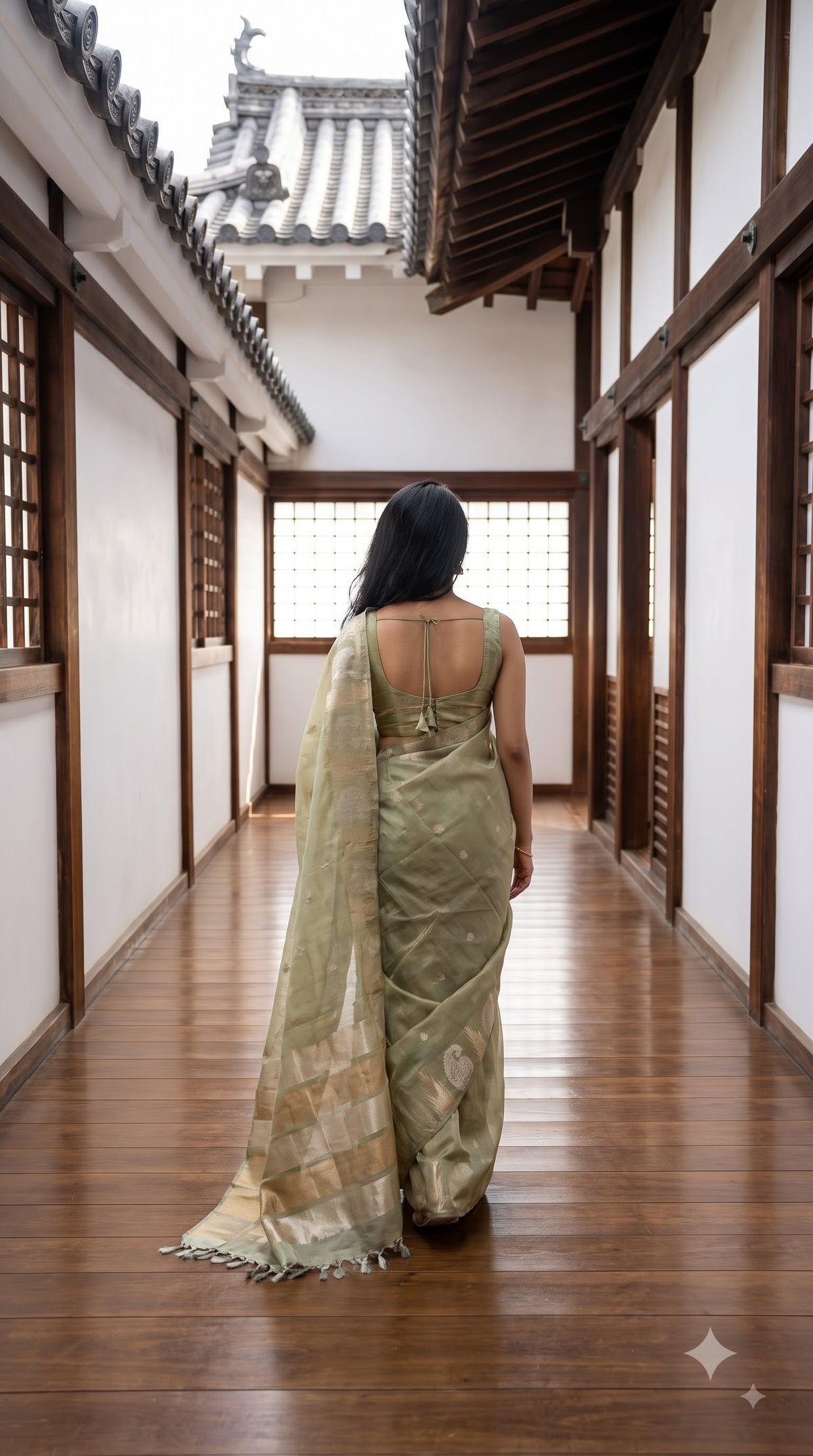 Tissue Silk Saree with Temple Border - Pista Green