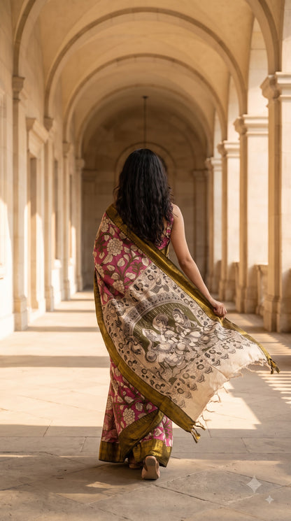 Kanchi Border Kalamkari Silk Saree - Pink with Green