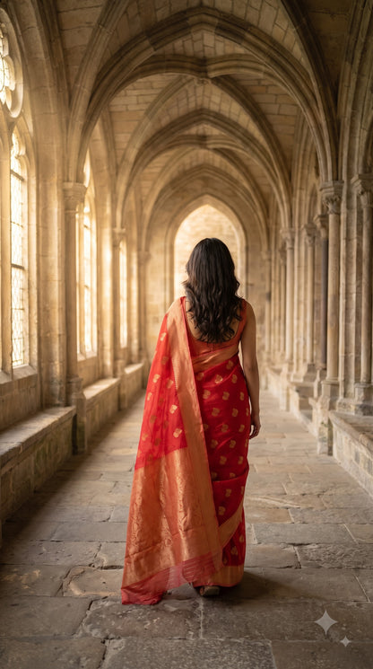 Georgette Banarasi with Contrast Border-Red