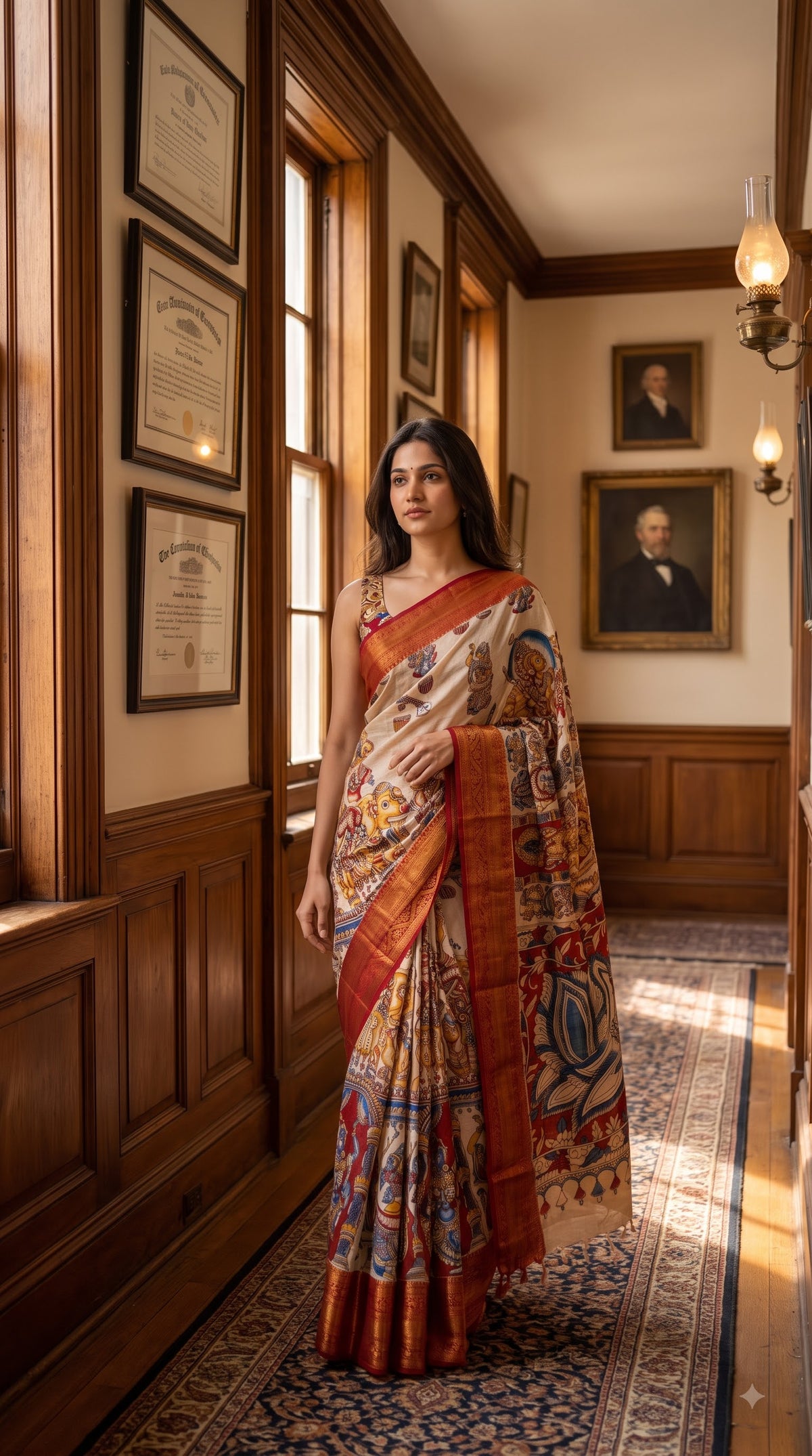 Kanchi Border Kalamkari Silk Saree - Beige with Red