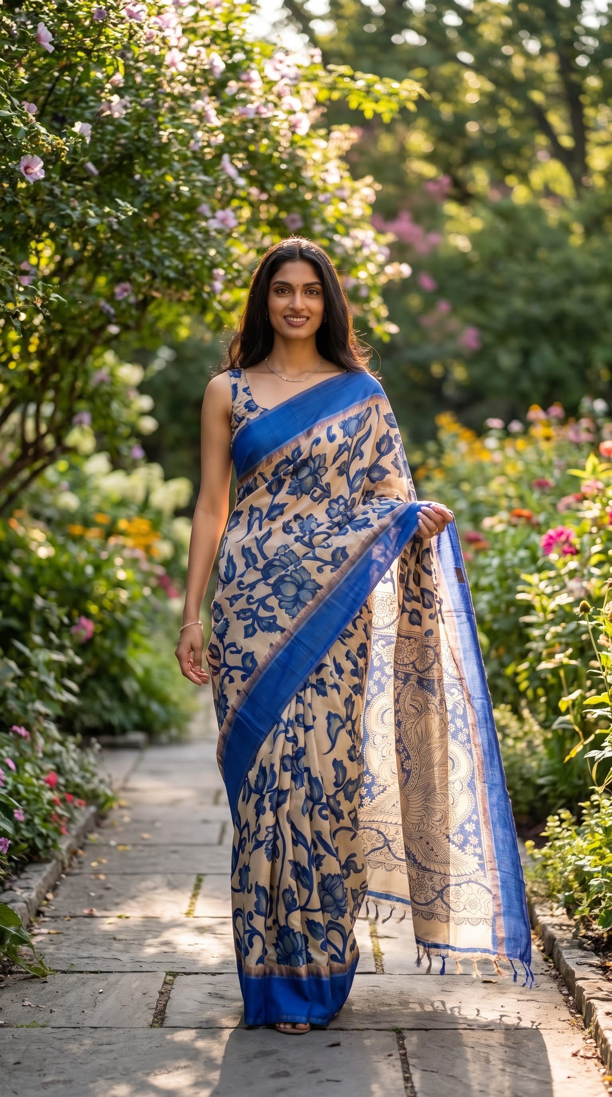 Kalamakari Silk Saree with Kaddi Border - Royal Blue