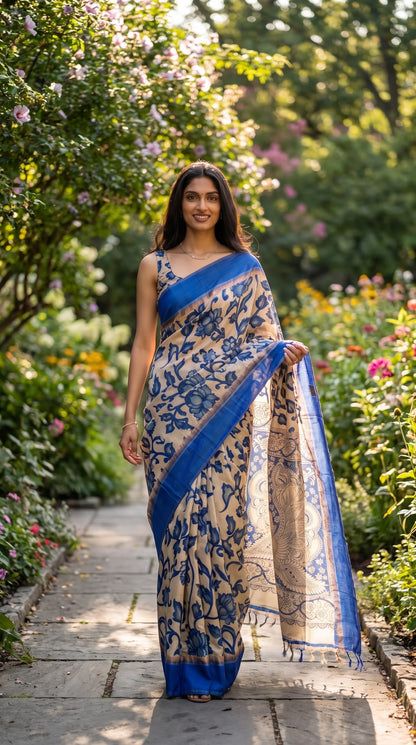 Kalamakari Silk Saree with Kaddi Border - Royal Blue