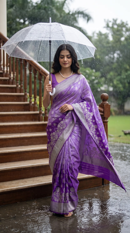 Crepe Silk Saree with Flowered Zari Border-Purple