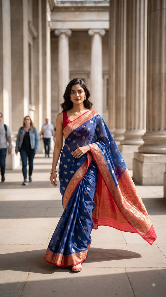 Georgette Banarasi with Contrast Border-Blue