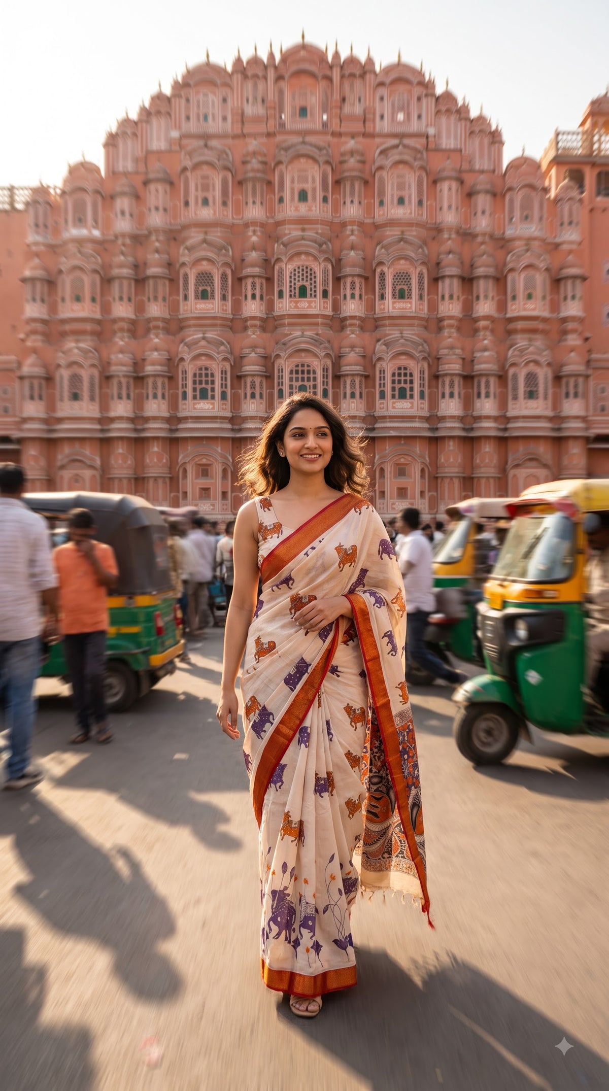 Pichwai Kalamkari Silk Saree with Border - Beige with Red