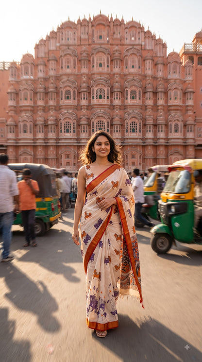 Pichwai Kalamkari Silk Saree with Border - Beige with Red